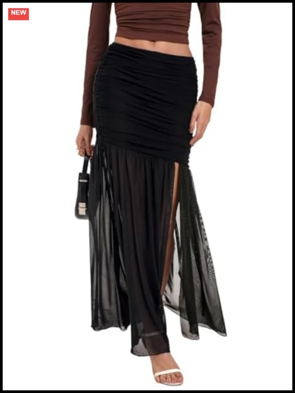 Women's Mesh Maxi Skirt Side Ruched Slit Hem Flowy Bodycon